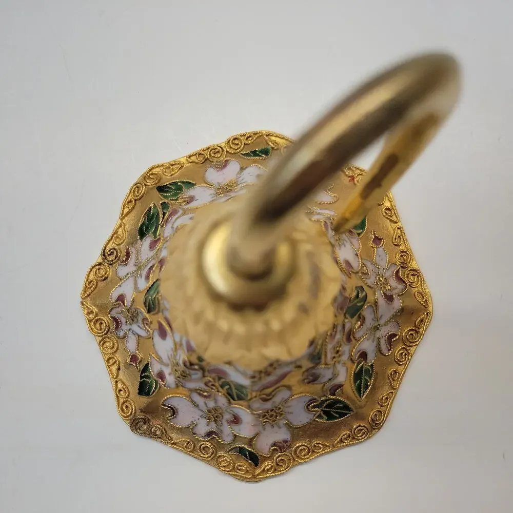 Vintage Tulip Shaped Brass Bell Champleve Cloisonne Ornament Floral Dogwood
